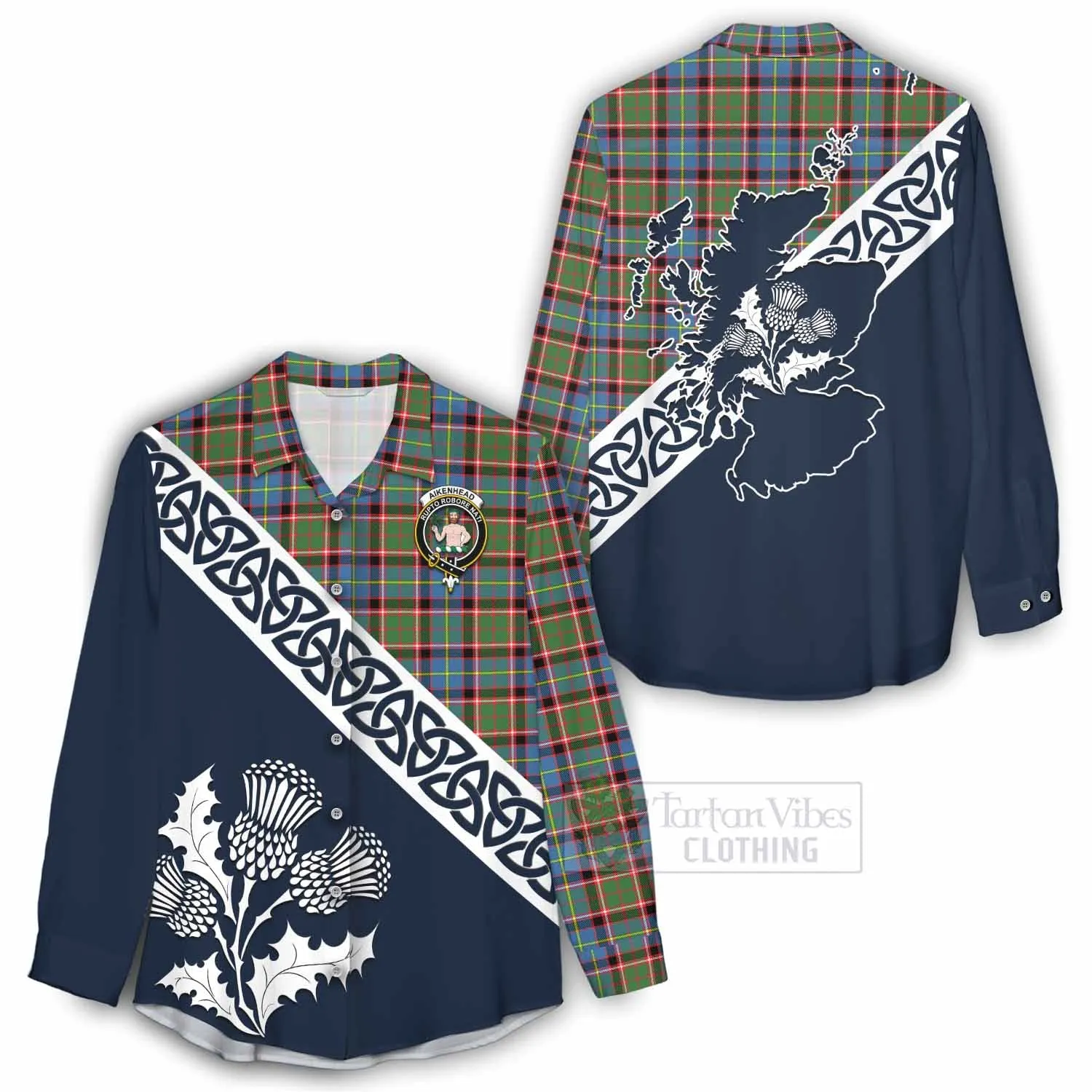 Aikenhead Tartan Women's Casual Shirt Featuring Thistle and Scotland Map