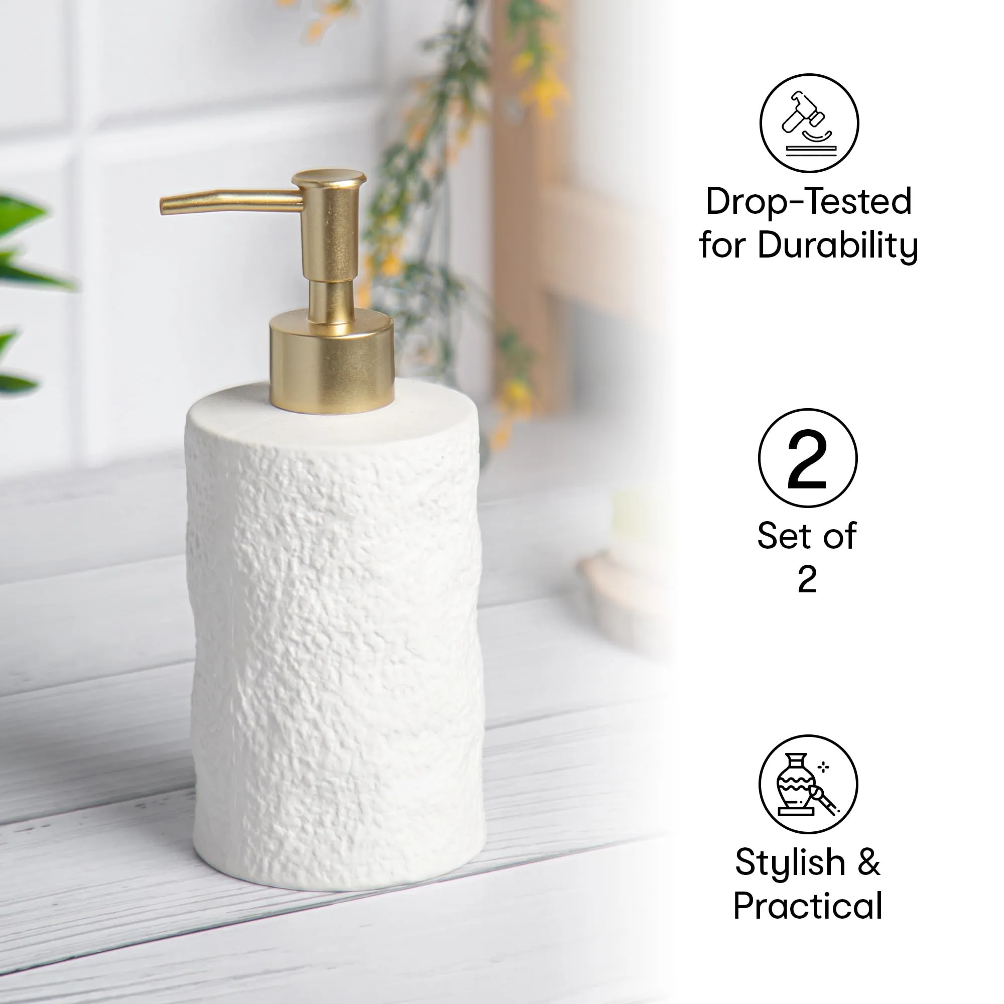 Anko Textured Soap Dispenser and Tumbler Set- 1Pc Each | Bathroom Sanitizer, Lotion, Shampoo Dispenser | Toothbrush Holder Stand for Home, Office, Bedroom, Wash Basin | Bathroom Accessories | White