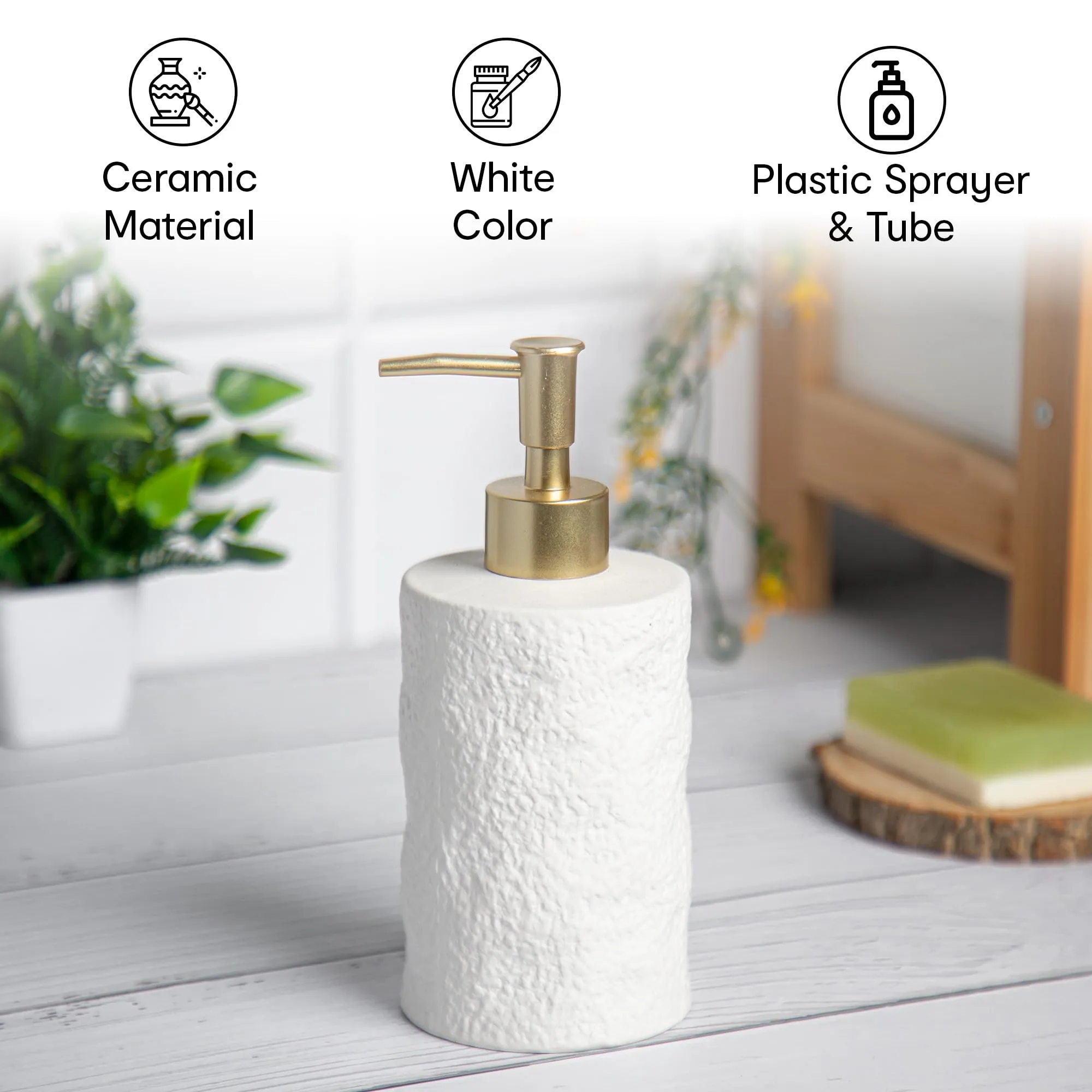 Anko Textured Soap Dispenser and Tumbler Set- 1Pc Each | Bathroom Sanitizer, Lotion, Shampoo Dispenser | Toothbrush Holder Stand for Home, Office, Bedroom, Wash Basin | Bathroom Accessories | White