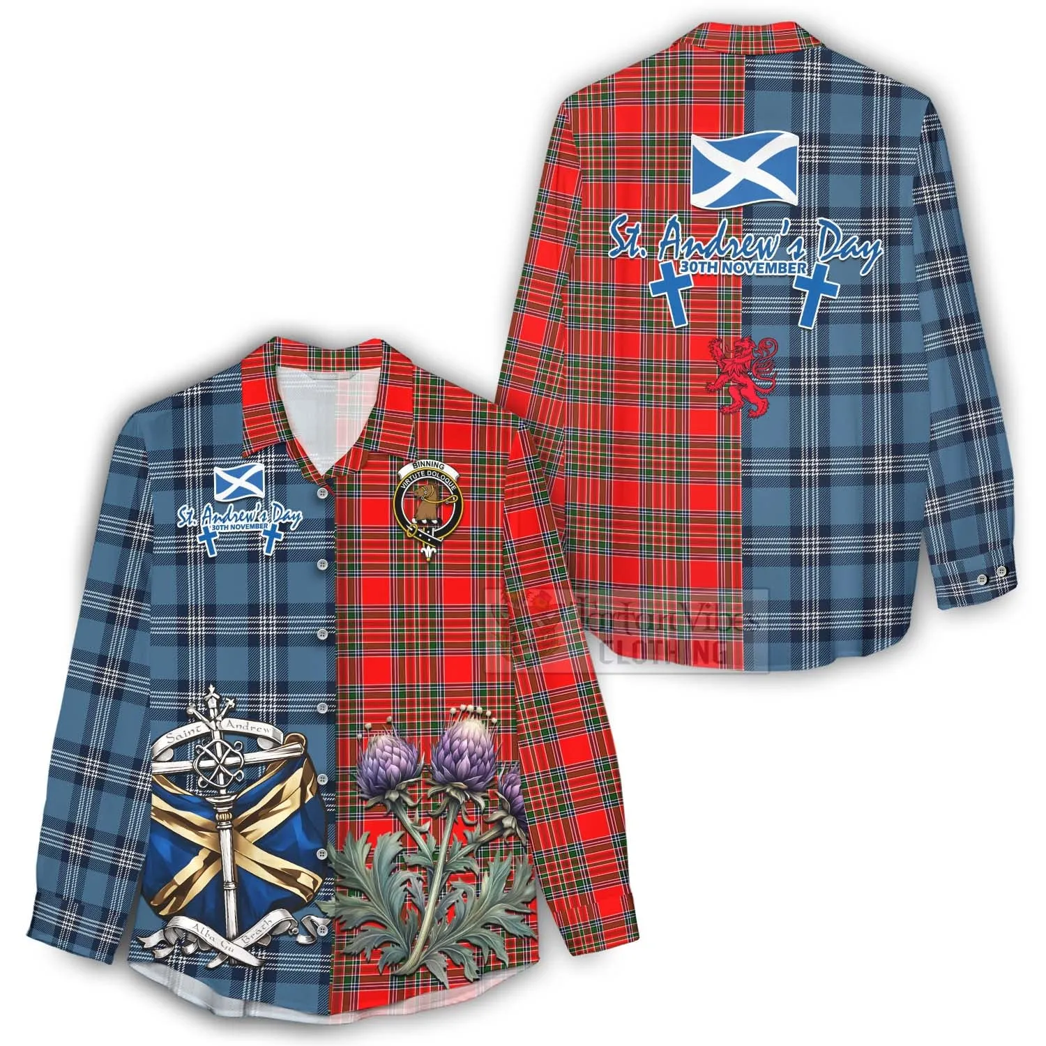 Binning Tartan Women's Casual Shirt Happy St. Andrew's Day Half Tartan Style