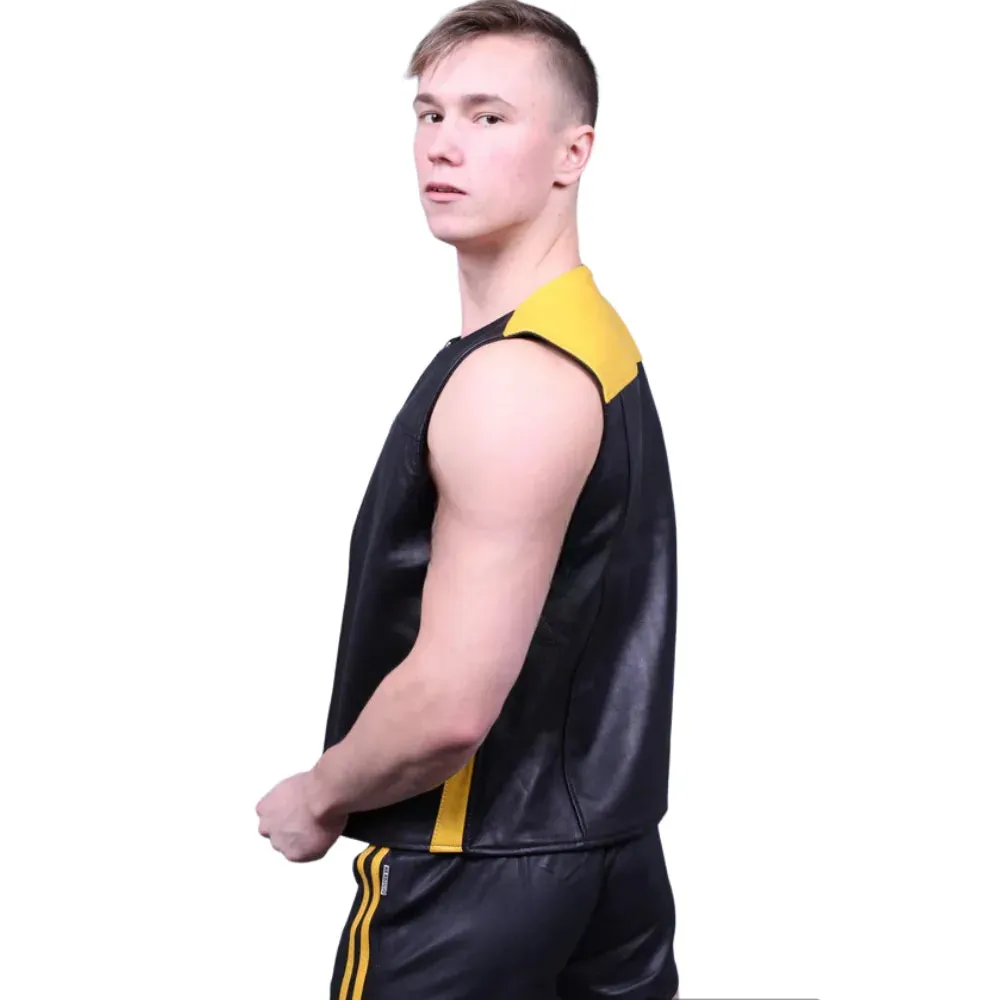 Black Gay Leather Zipper Vest With Yellow Panels