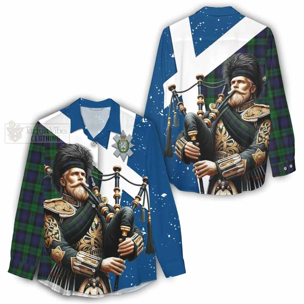 Black Watch Tartan Women's Casual Shirt with Family Crest Scottish Bagpiper Vibes