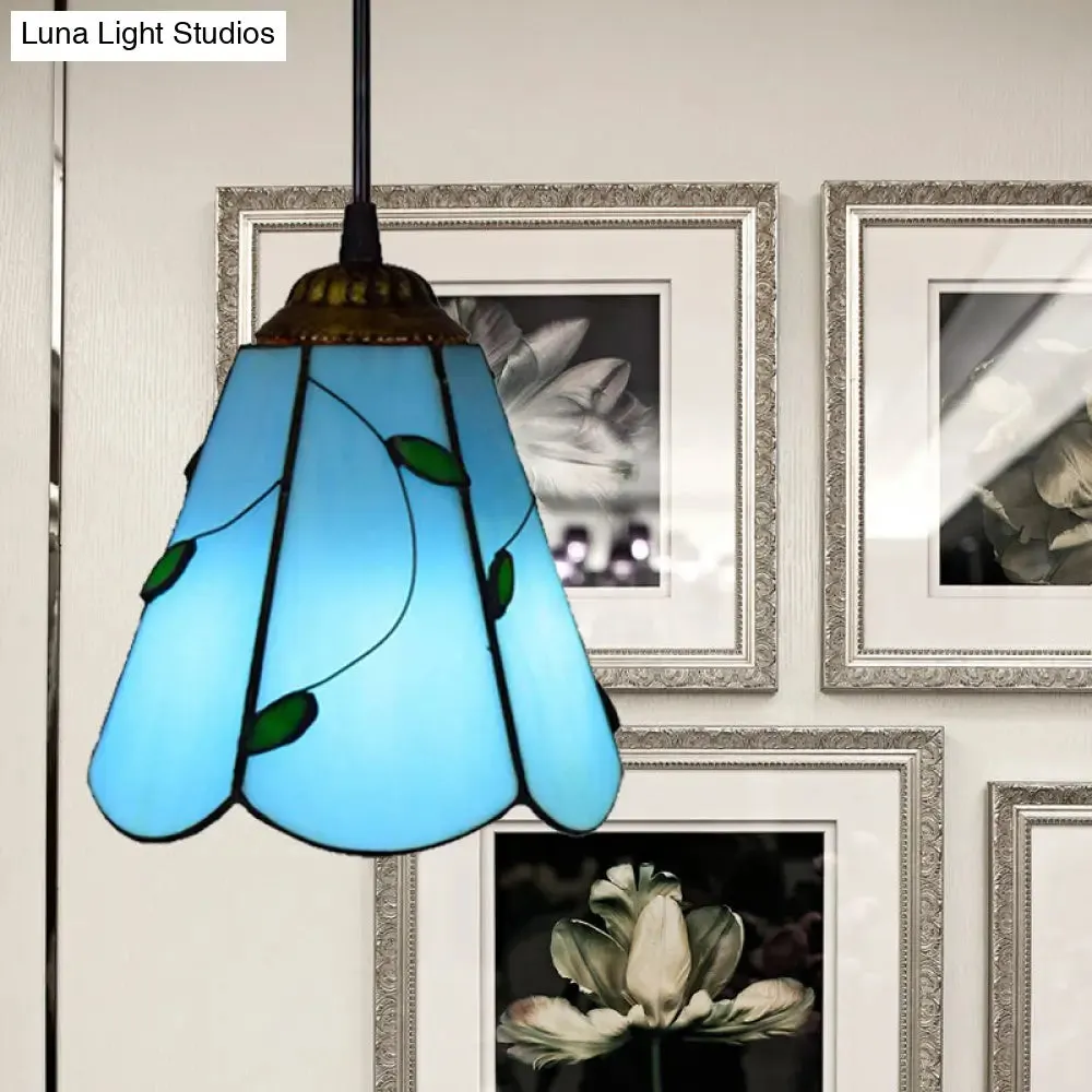 Blue/Beige Stained Glass Conical Tiffany Hanging Lamp - Mini Pendant for Living Room