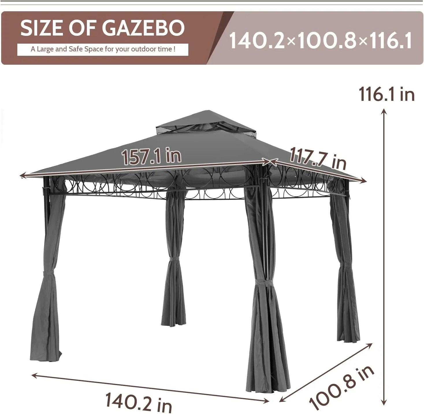 Canopy Gazebo 10 X 13 FT Double Vent Gazebo Tent UV Protection Outdoor Gazebo Canopy with Double Roof 4 Sidewalls Curtains Zippers for Patio Garden Backyard, Grey