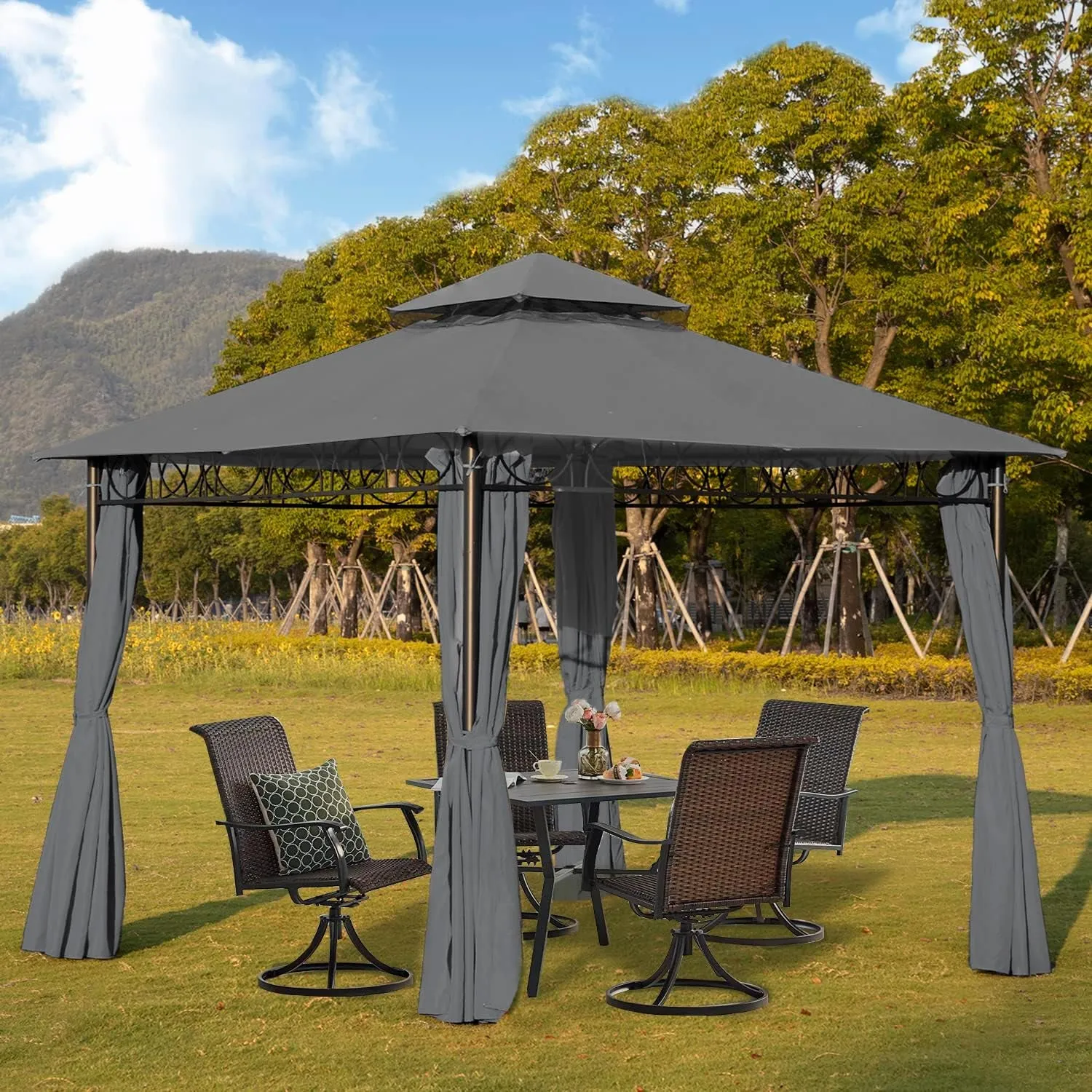 Canopy Gazebo 10 X 13 FT Double Vent Gazebo Tent UV Protection Outdoor Gazebo Canopy with Double Roof 4 Sidewalls Curtains Zippers for Patio Garden Backyard, Grey