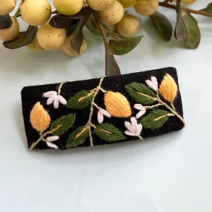 Cotton Linen Barrette Hair Clip for Women | Tangy Lemon | Embroidered | Black