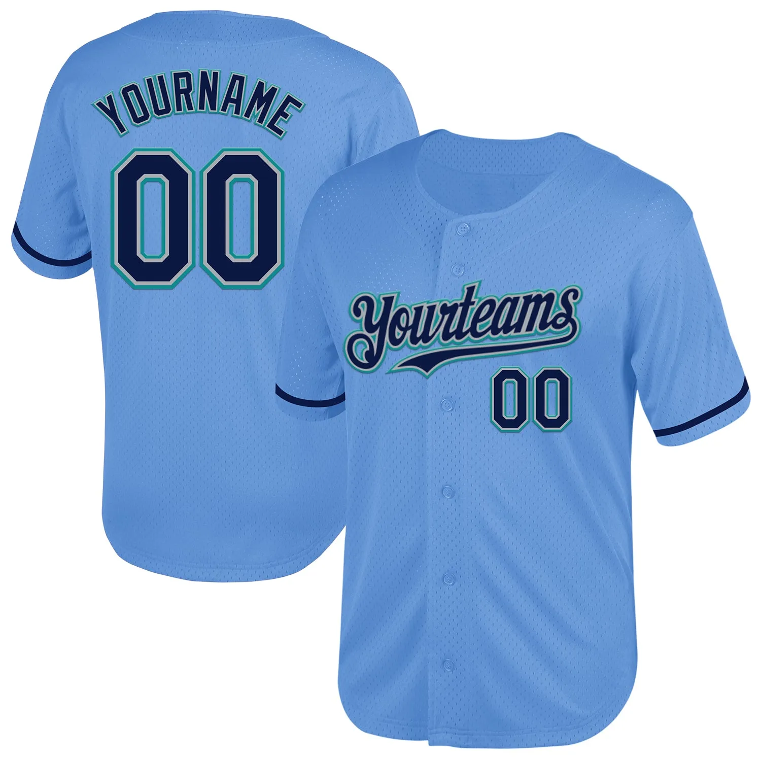 Custom Light Blue Navy Gray-Teal Mesh Authentic Throwback Baseball Jersey