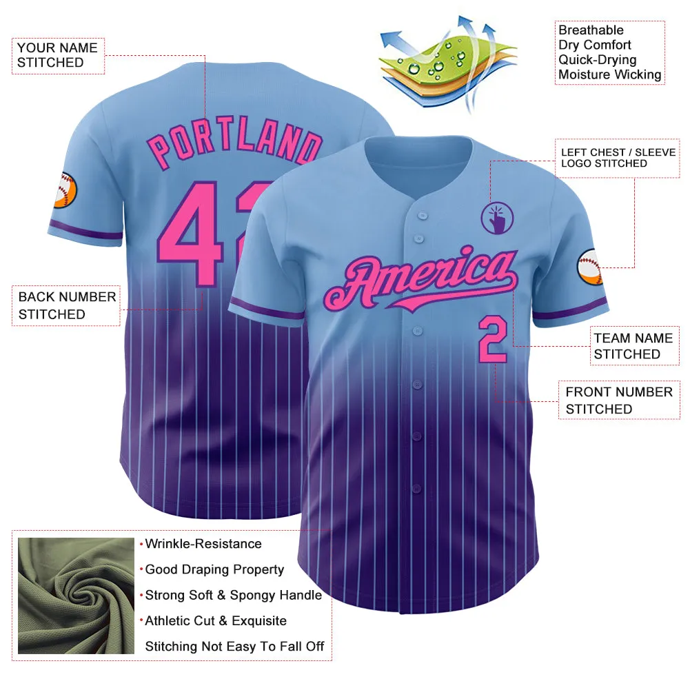 Custom Light Blue Pinstripe Pink-Purple Authentic Fade Fashion Baseball Jersey