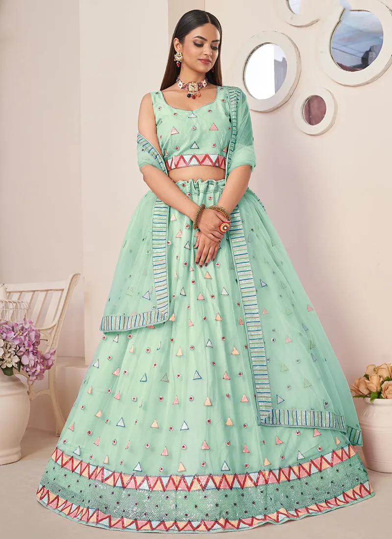 Cyan Green Sequence Embroidery Festive Lehenga Choli