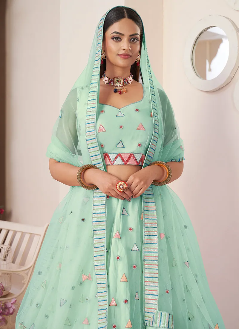 Cyan Green Sequence Embroidery Festive Lehenga Choli