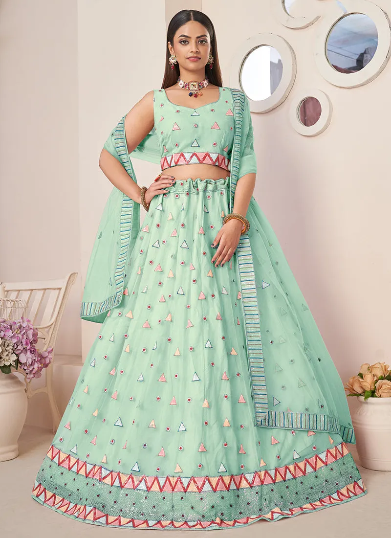 Cyan Green Sequence Embroidery Festive Lehenga Choli