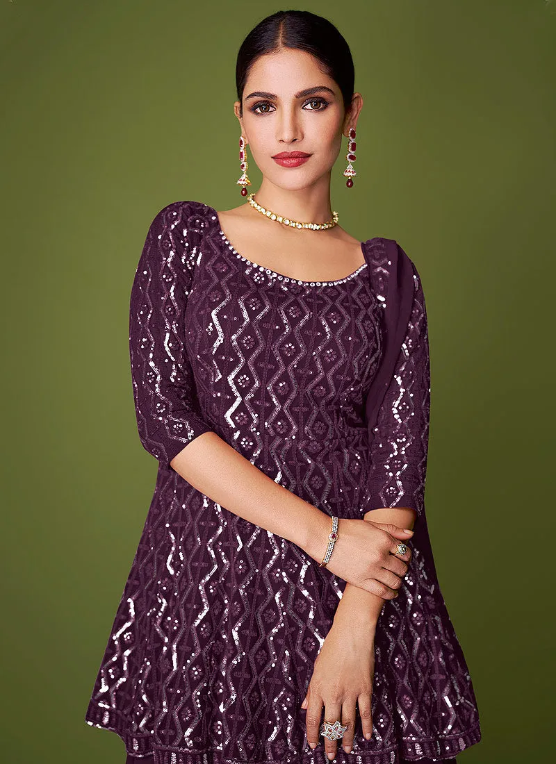 Deep Purple Sequence Embroidered Lehenga Kurti Suit