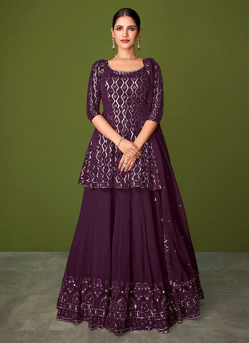 Deep Purple Sequence Embroidered Lehenga Kurti Suit