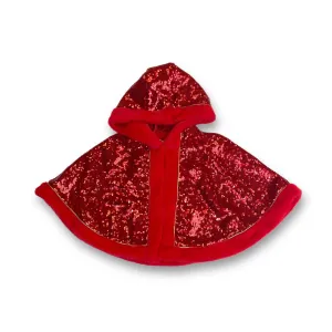 Fur Trim Hooded Sequin Cape -red