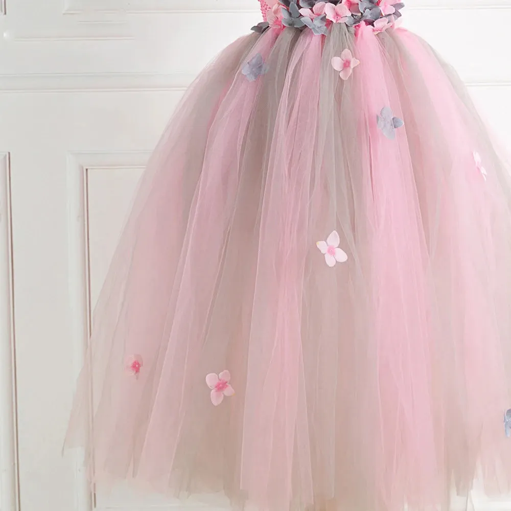 Girls Princess Pink Flower Petal Long Birthday Fashion Dress