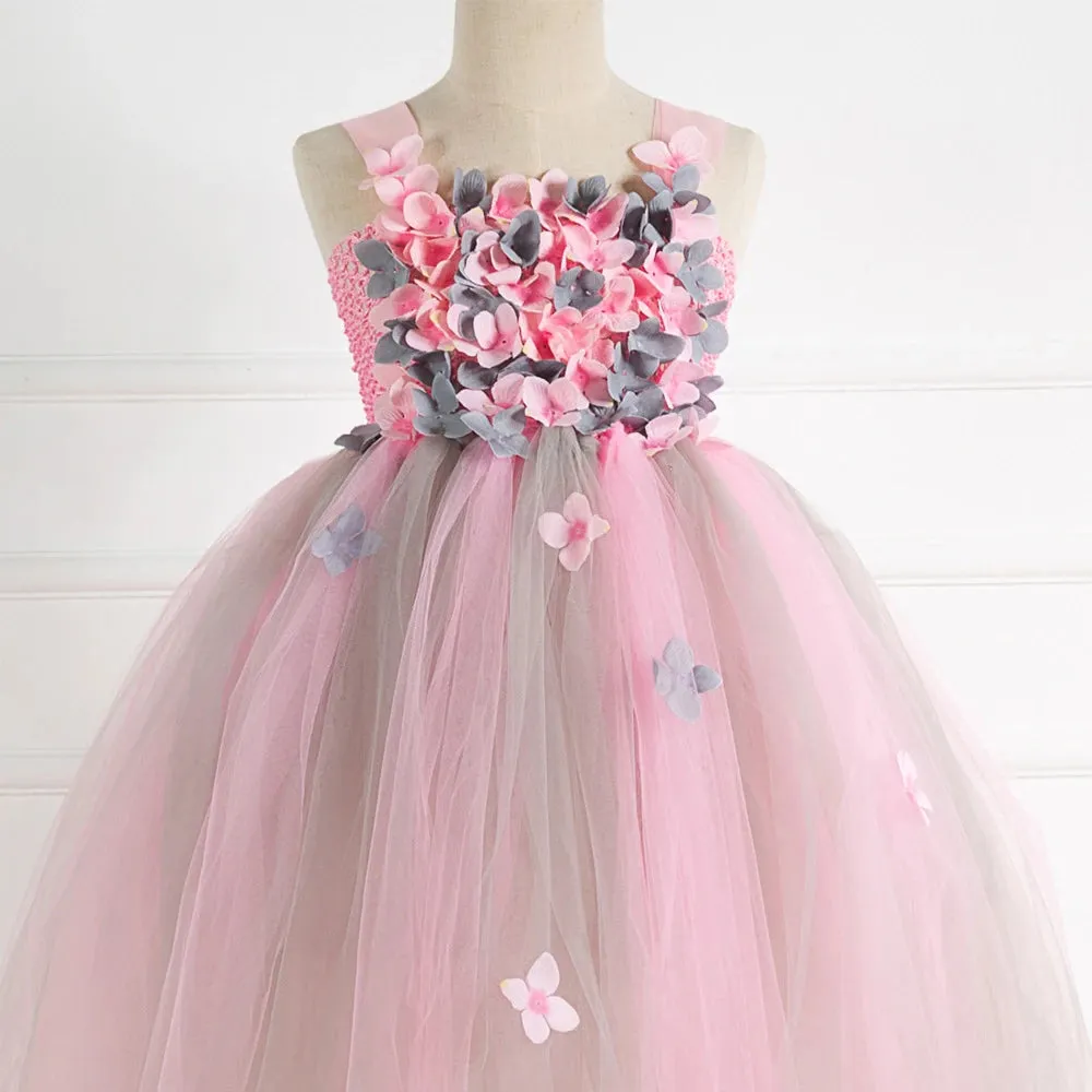 Girls Princess Pink Flower Petal Long Birthday Fashion Dress