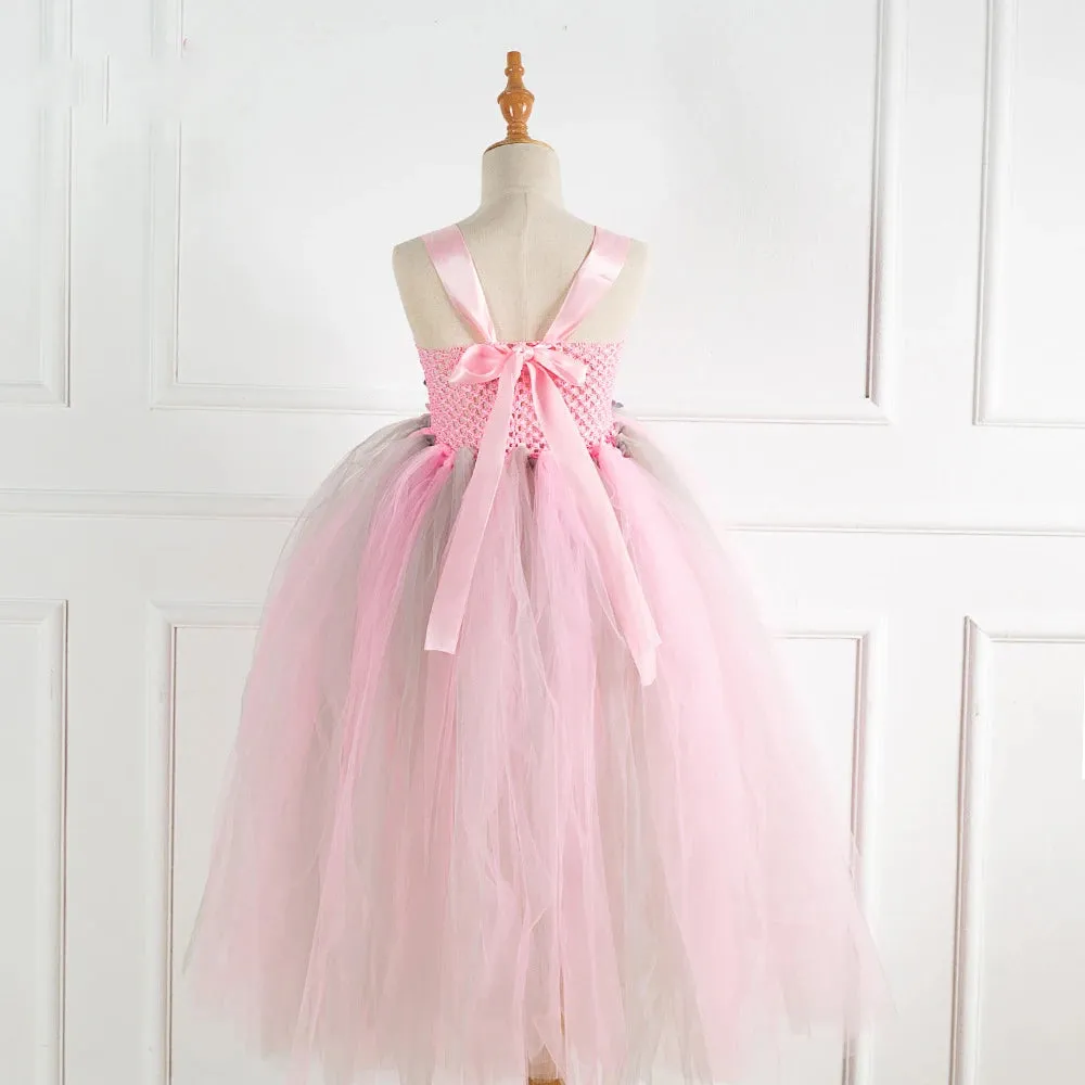 Girls Princess Pink Flower Petal Long Birthday Fashion Dress