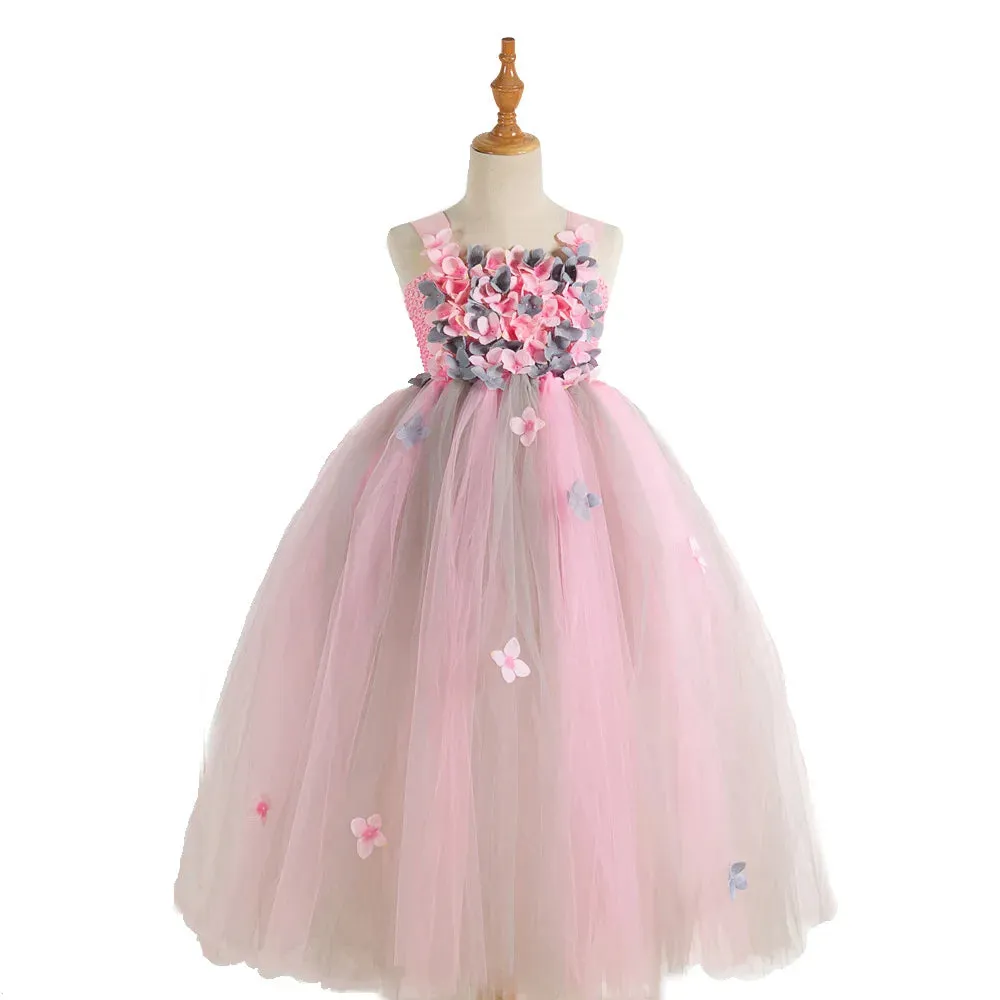 Girls Princess Pink Flower Petal Long Birthday Fashion Dress