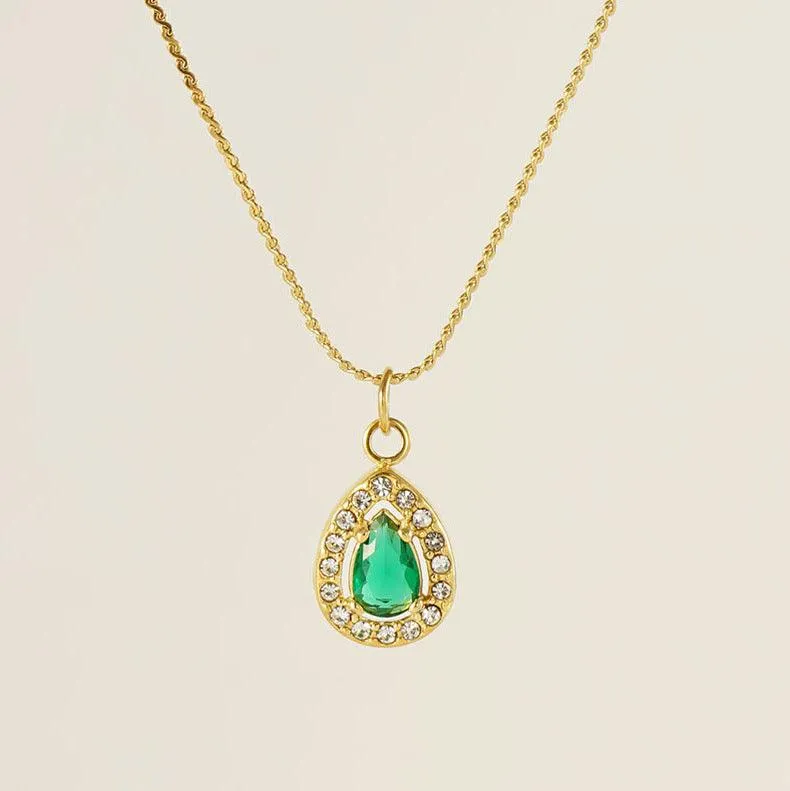 Gold Teardrop Pendant Necklace with Crystal Zircon – Elegant Stainless Steel Chain