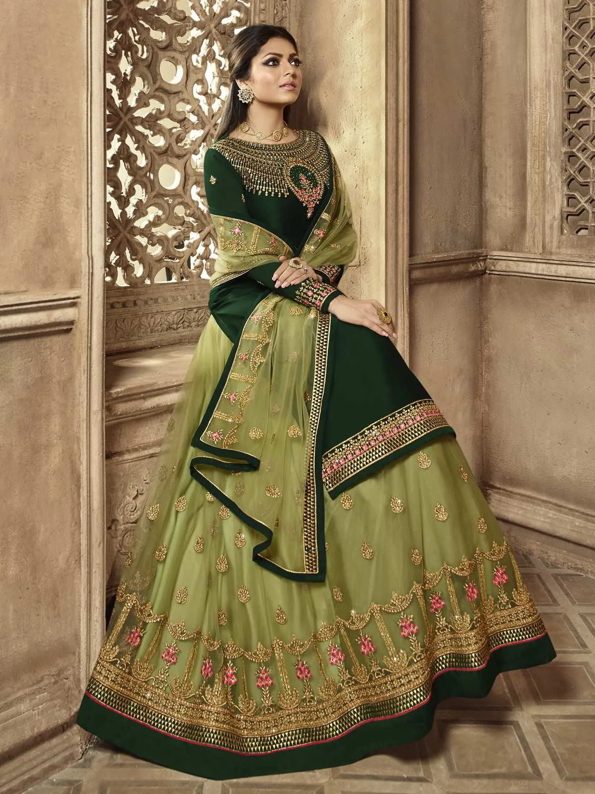 Green Multi Embroidered Wedding Lehenga Kurti Set