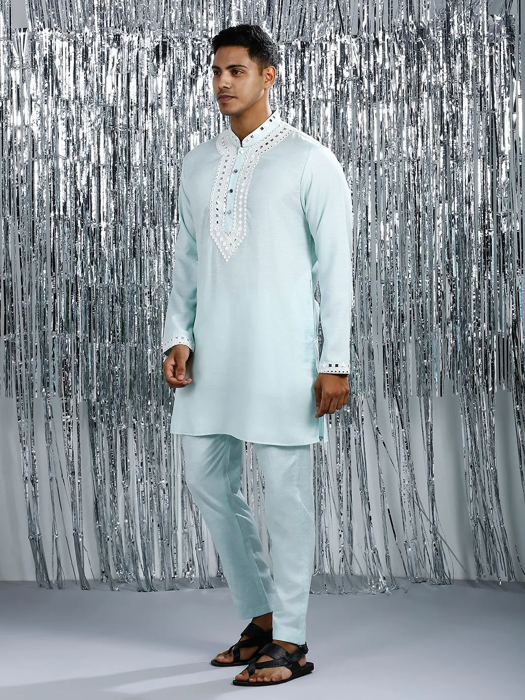 HINT OF MINT MIRROR WORK MID-LENGTH KURTA SET