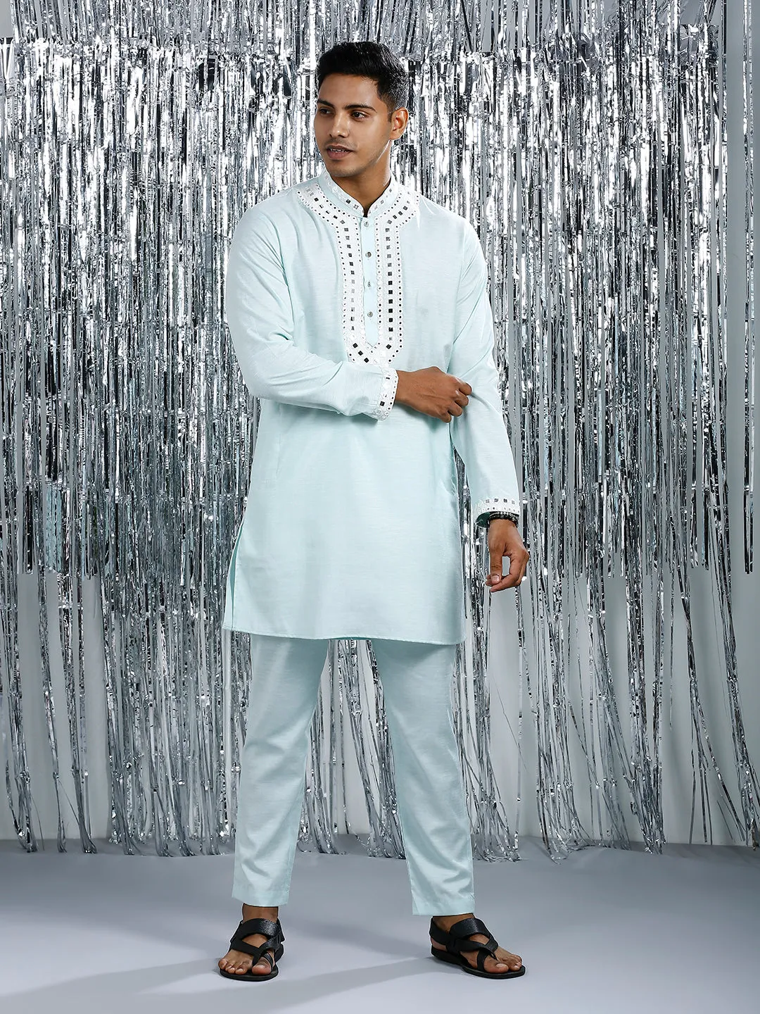 HINT OF MINT MIRROR WORK MID-LENGTH KURTA SET