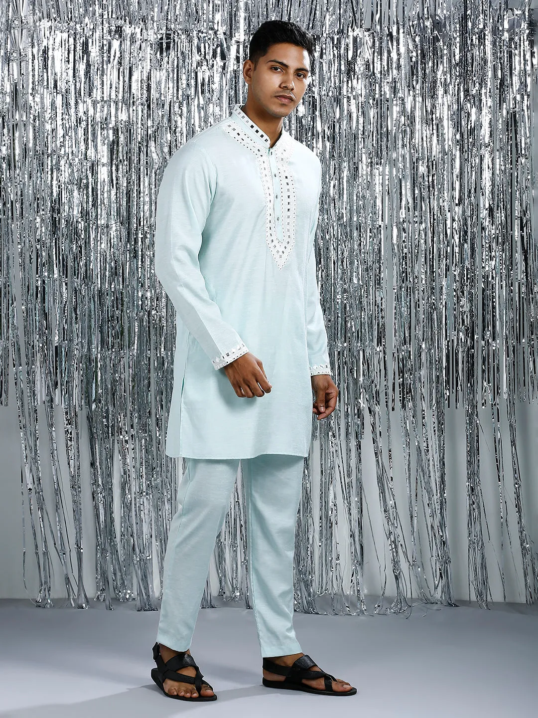 HINT OF MINT MIRROR WORK MID-LENGTH KURTA SET