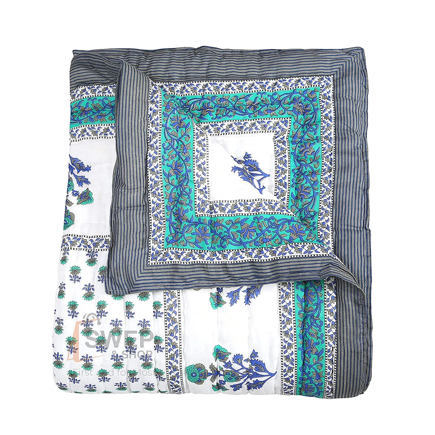 HOPEE SHOP Pure Cotton Jaipuri Razai Double Bed Rajai Ac Quilt for All Season Soft Light Weight Rajasthani Print - Green Gray (85X100 INCHES) Pack of 1