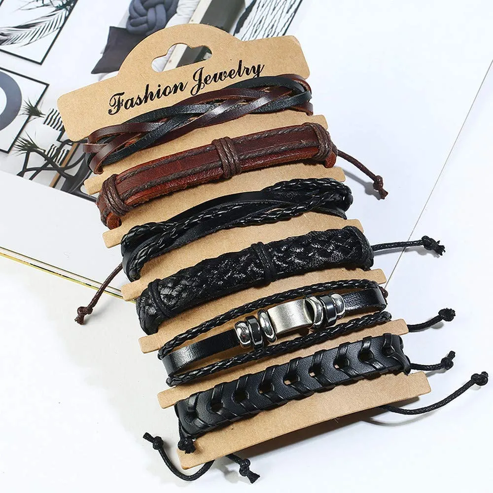 Jewelgenics Brown Wrap Real Leather Casual Wraps Cuff Friendship Bracelet for Boys - 6 Pieces (Multi Color)