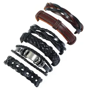 Jewelgenics Brown Wrap Real Leather Casual Wraps Cuff Friendship Bracelet for Boys - 6 Pieces (Multi Color)