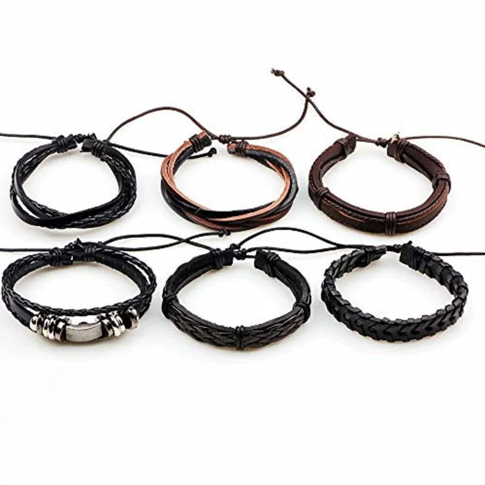 Jewelgenics Brown Wrap Real Leather Casual Wraps Cuff Friendship Bracelet for Boys - 6 Pieces (Multi Color)