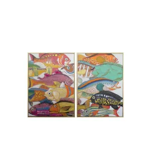 Kalalou - OIL PAINTING - SET OF TWO COLORFUL FISH WITH GOLD FRAME - CAR1492