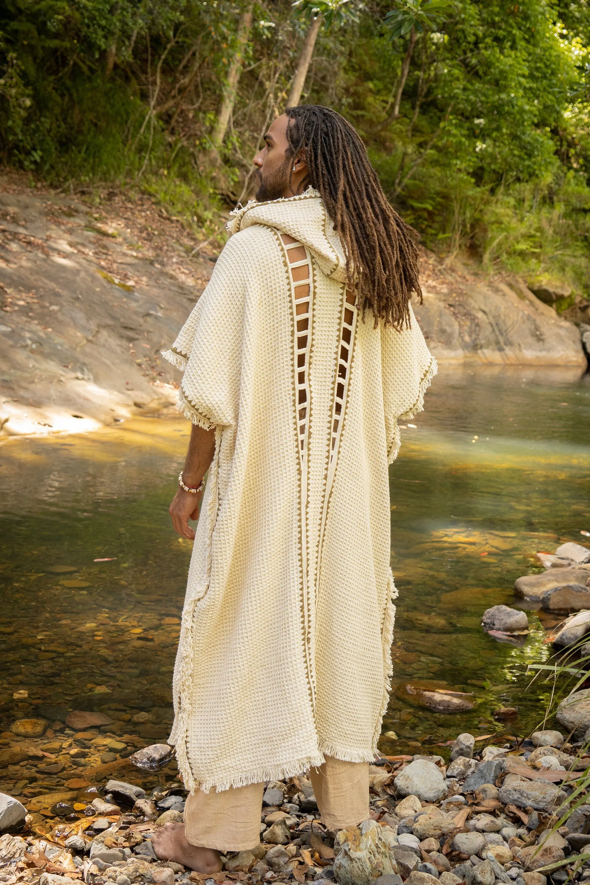 MAGOS WIZARD Long Mens Hooded Kimono Vest Ivory Beige Tribal Ritual Ceremony Gypsy Festival Magic Ritual Primitive Rave Boho Earthy AJJAYA