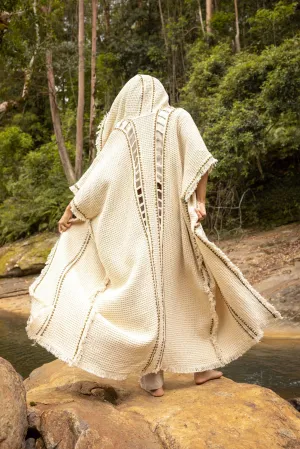 MAGOS WIZARD Long Mens Hooded Kimono Vest Ivory Beige Tribal Ritual Ceremony Gypsy Festival Magic Ritual Primitive Rave Boho Earthy AJJAYA