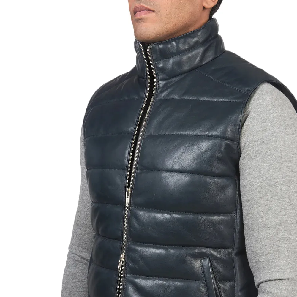 Mens Blue Leather Puffer Vest