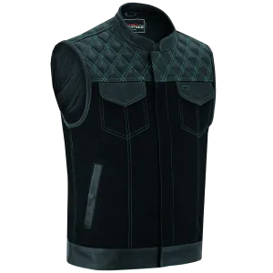 Men's Denim & Leather Motorcycle Vest with Conceal Carry Pockets and Green Stitching.