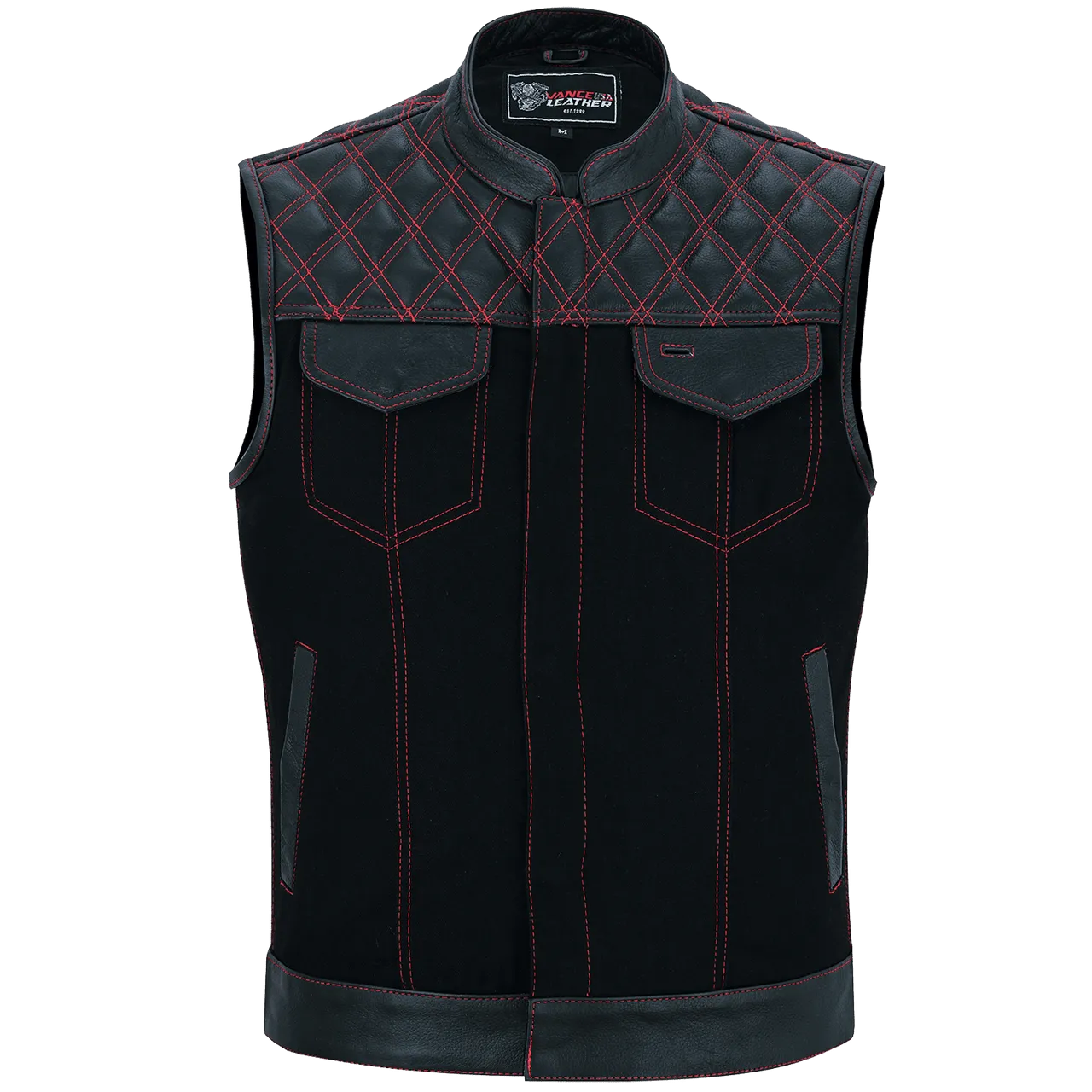 Men's Denim & Leather Motorcycle Vest with Conceal Carry Pockets and Red Stitching.