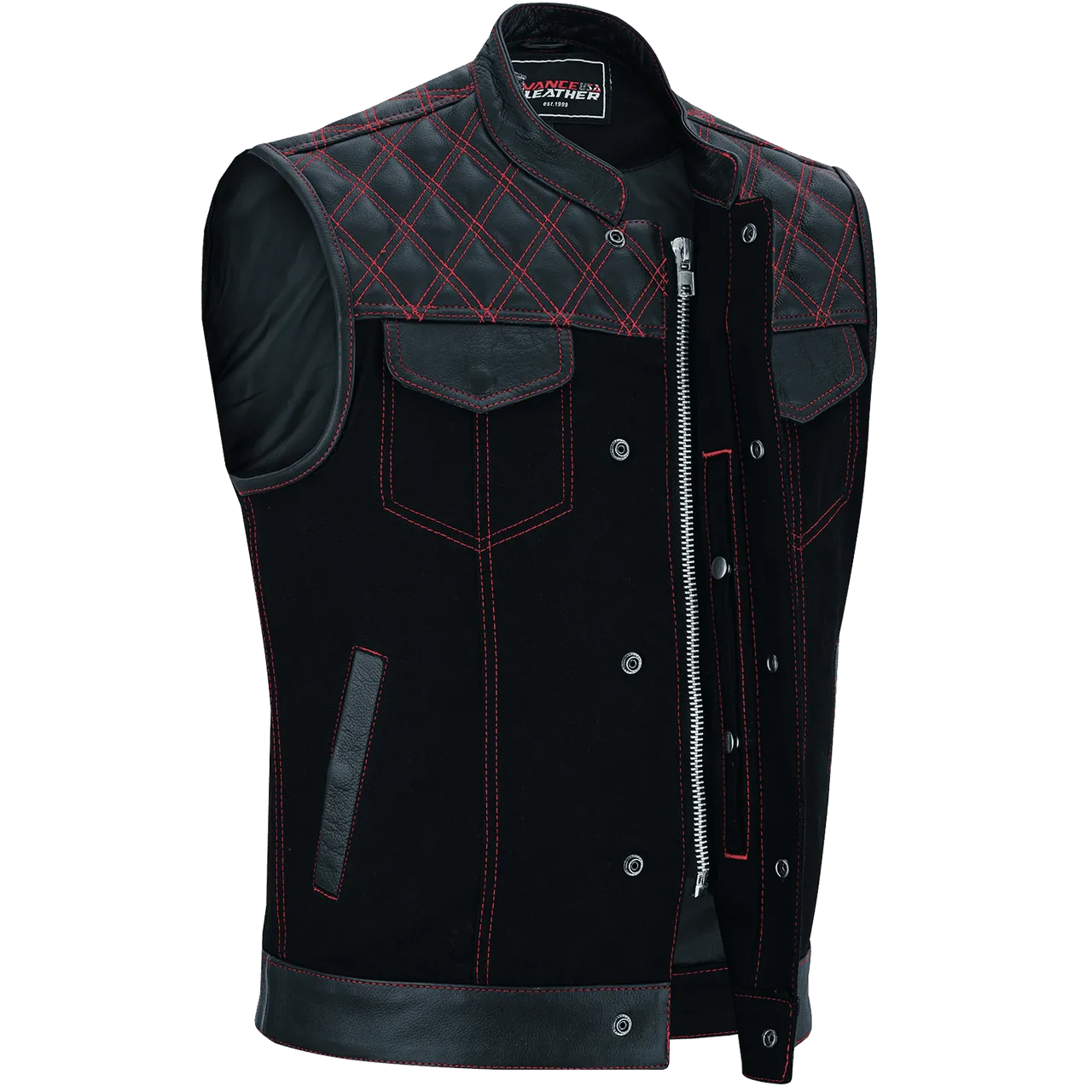 Men's Denim & Leather Motorcycle Vest with Conceal Carry Pockets and Red Stitching.