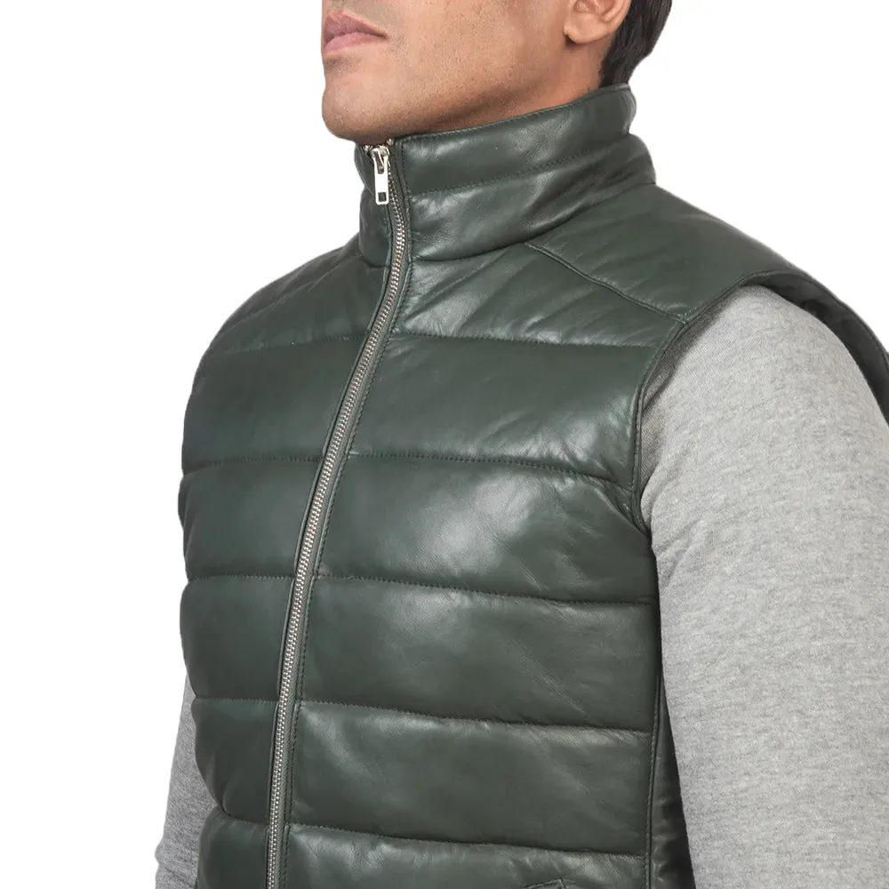 Mens Green Leather Puffer Vest