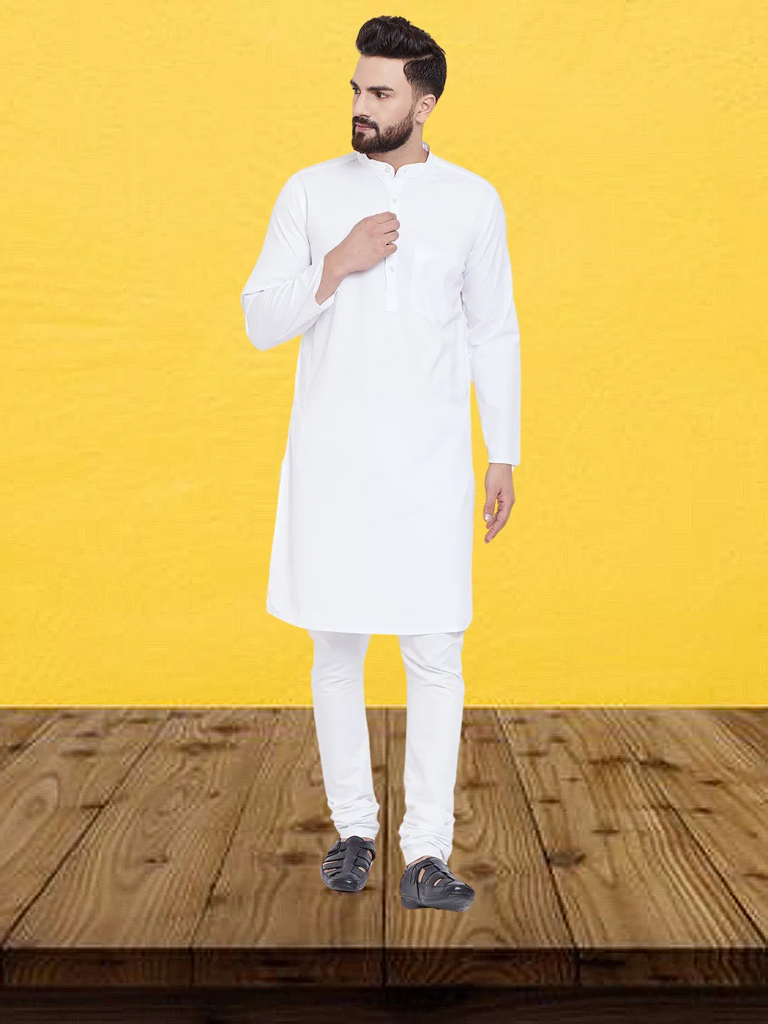 Men's Pure Cotton  Self Design White Kurta - Even Apparels