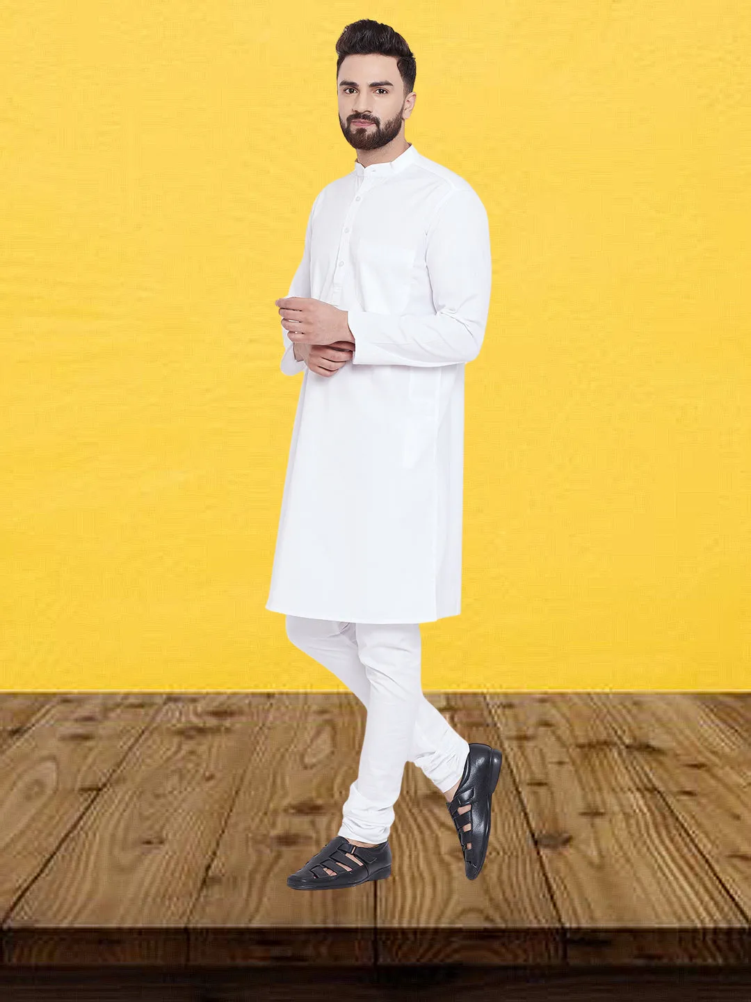 Men's Pure Cotton  Self Design White Kurta - Even Apparels