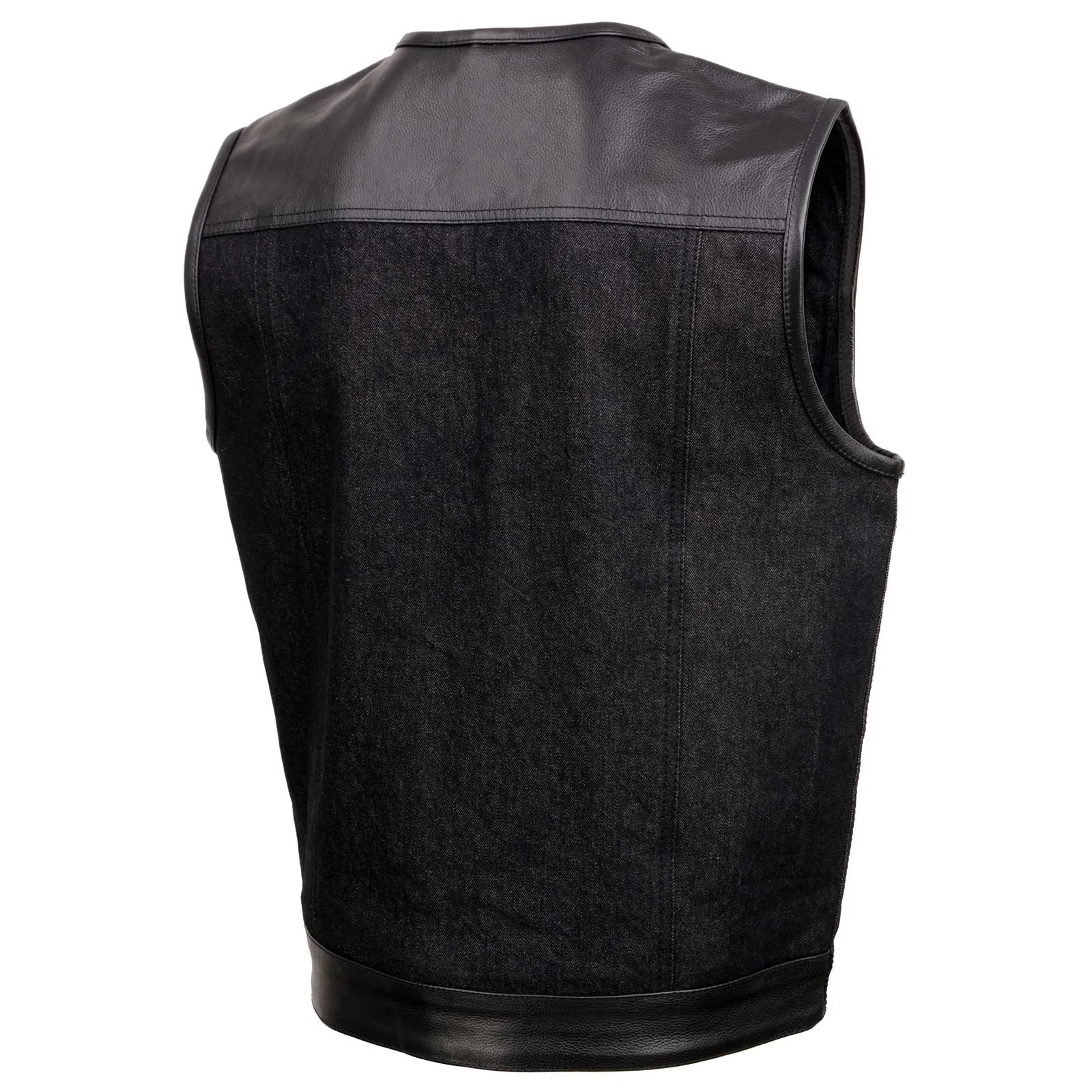 Milwaukee Leather MDM3003 Men's 'Brute' Concealed Snap Black Denim and Black Leather Club Style Vest w/ Hidden Zipper