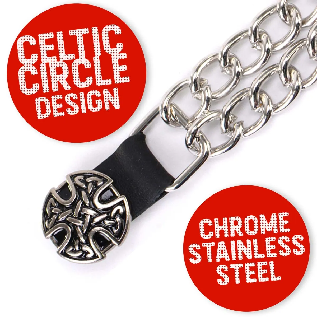 Milwaukee Leather MLA1024-Single Celtic Circle Vest Extender Double Chrome Chains w/ Genuine Leather 4" Extension