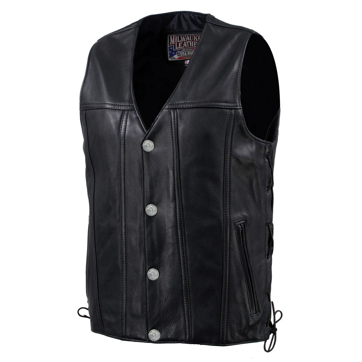 Milwaukee Leather USA MADE MLVSM5005 Men's Black 'Road Whip' Premium Motorcycle Leather Vest with Buffalo Snap Buttons