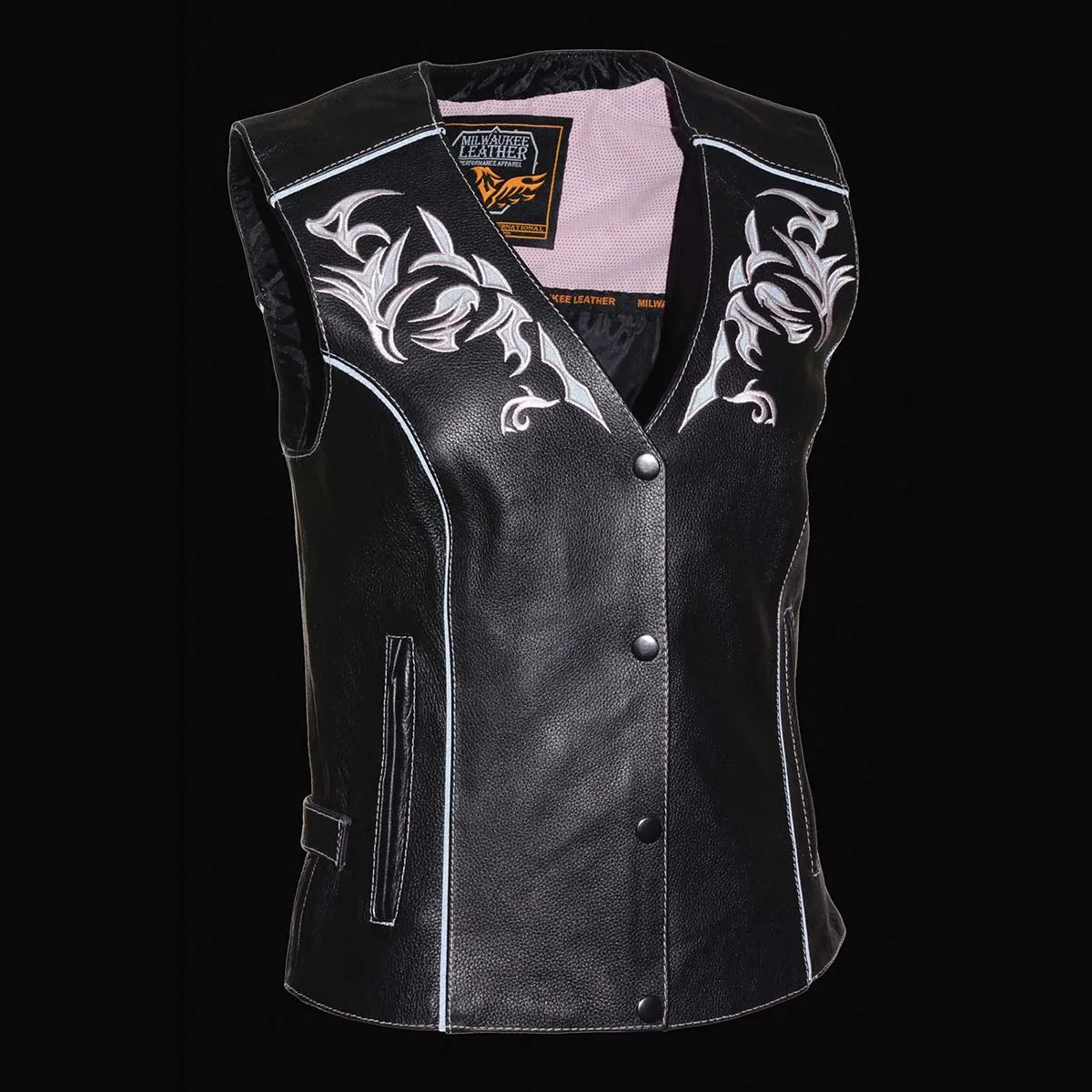 Milwaukee Leather Women's Black and Pink Leather Tribal Side Lace Motorcycle Rider Vest- w/ Reflective Piping ML1296