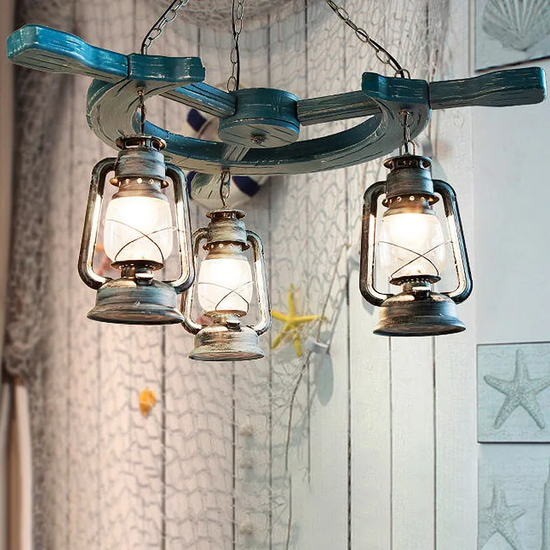 Modern 3-Light Blue Industrial Chandelier with Clear Glass Shade for Living Room