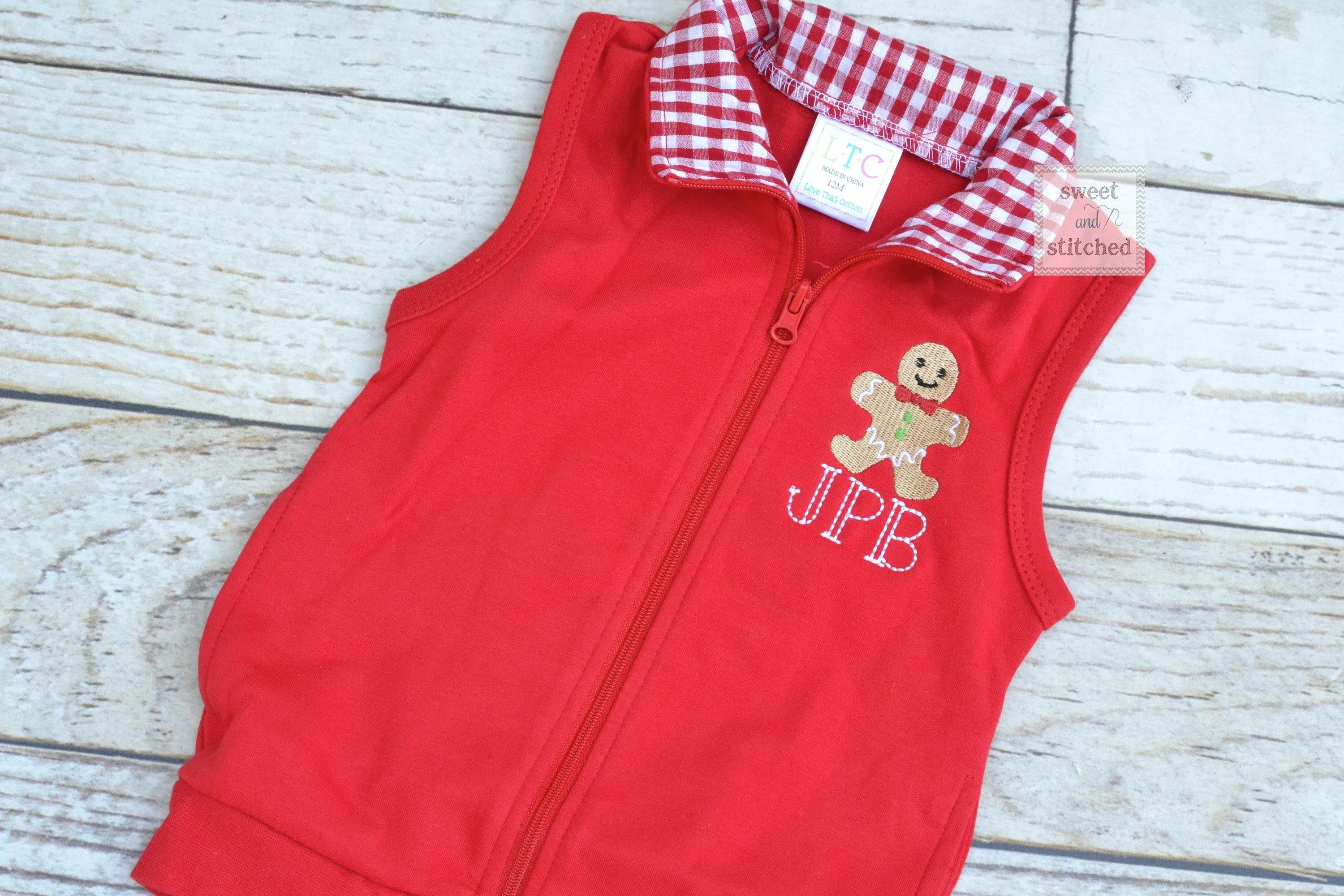 Monogrammed Boys Christmas vest with gingerbread design, Monogrammed Christmas outfit for boys, Monogrammed toddler vest, Christmas sweater