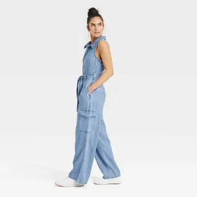 New - Universal Thread Women's Denim Cargo Jumpsuit Sleeveless Overalls Belt Loop