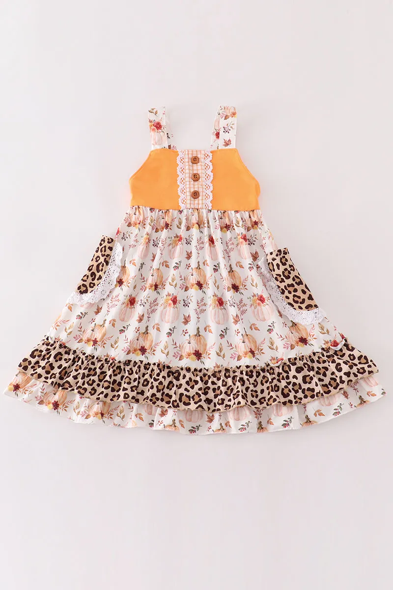 Orange pumpkin leopard ruffle dress