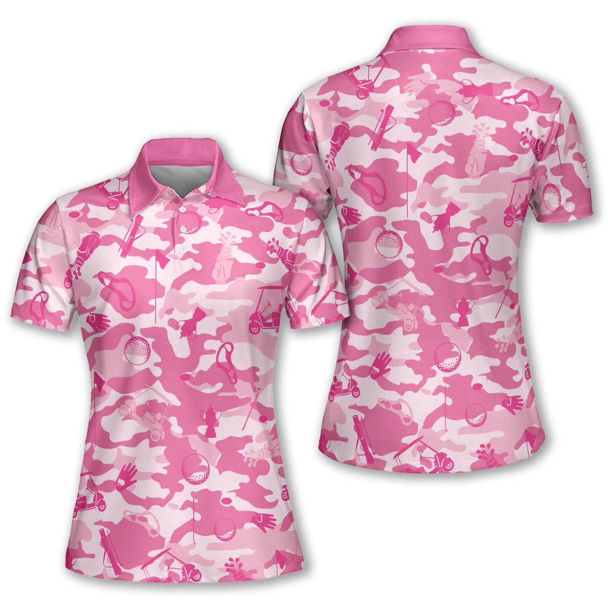 Pink Camouflage Golf Set Women Short Sleeve Polo Shirt, Sleeveless Polo Shirt